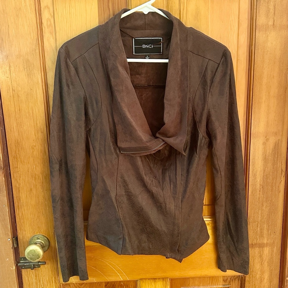 BNCI Faux Suede Asymmetrical Zip Jacket - Brown, Small